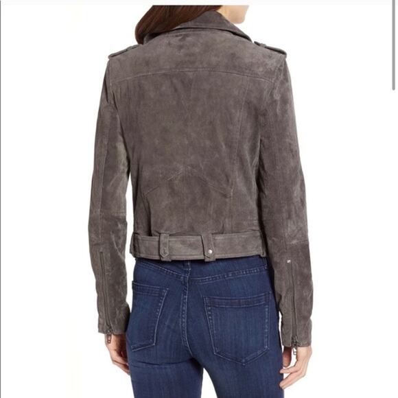 BLANKNYC Suede Moto Jacket French Grey Small Asymmetrical Zip Belted Hem Leather - Picture 3 of 8